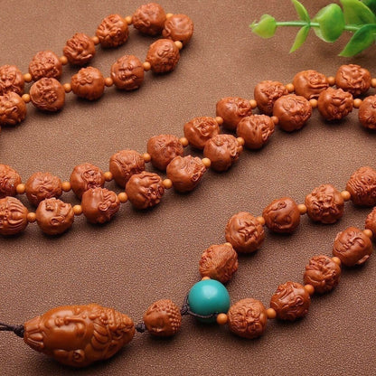Walnut Carved 108 Arhat Beaded Necklace 54 Beads Buddhist Prayer Mala