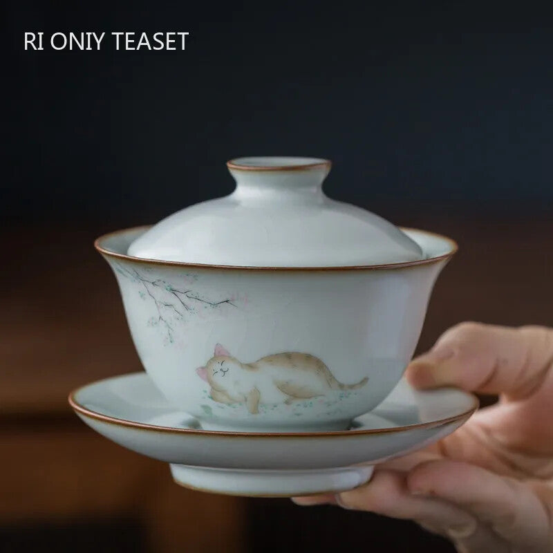 160ml Traditional Ceramic Tureen Bowl Handmade Cat Pattern Gaiwan Cup Tea Set