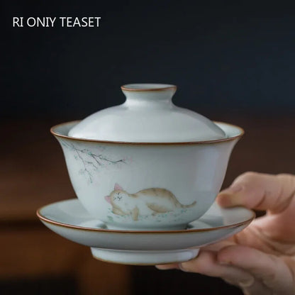 160ml Traditional Ceramic Tureen Bowl Handmade Cat Pattern Gaiwan Cup Tea Set