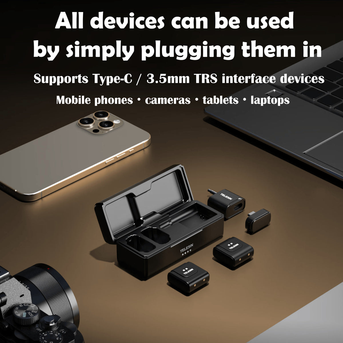 TELESIN 2-in-1 Wireless Lavalier Mic for Phone/ Camera/ PC, Dual Mic