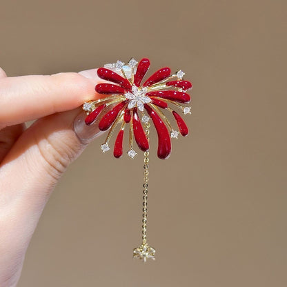 Red Enamel Firework Brooch Zircon Tassel Pin