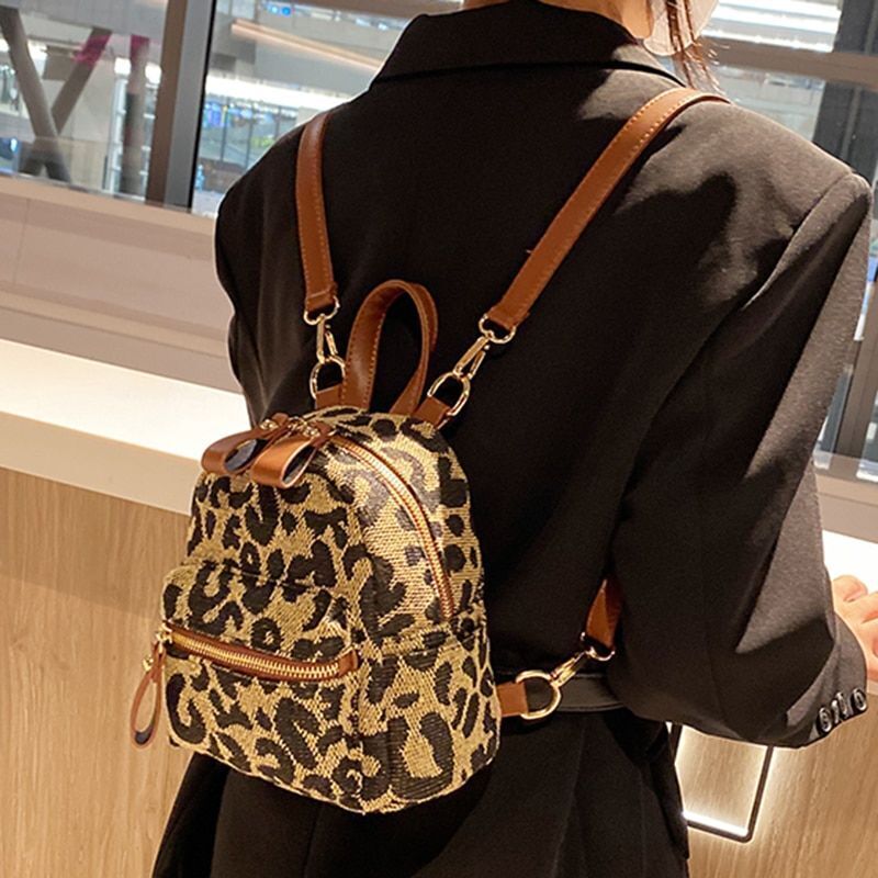 Fashion Backpack Leopard Nylon Shoulder Bag Small School Bag Travel Rucksack 1PC