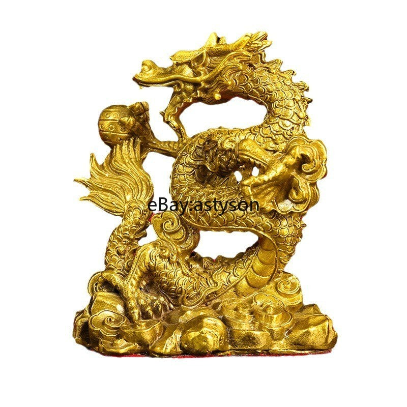 5" Old China Dynasty Bronze Gilt Fengshui Dragon Beast Phoenix Bird Statue Pair