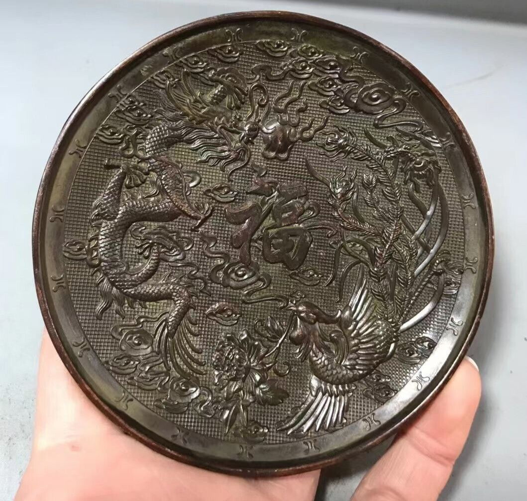 Rare Chinese bronze dragon phoenix statue collectable tea pet plate home decor