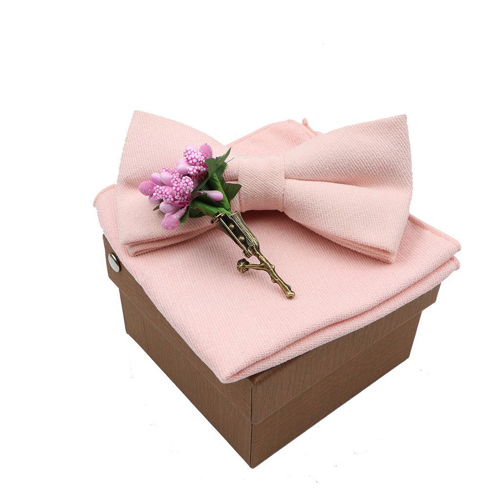 Men Bow Ties 3Pcs Cotton Handkerchief Flower Brooch Women Party Wedding Necktie