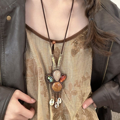 Bohemian Ethnic Necklace 2Pcs Shell Tassel Vintage Layered Sweater Chain