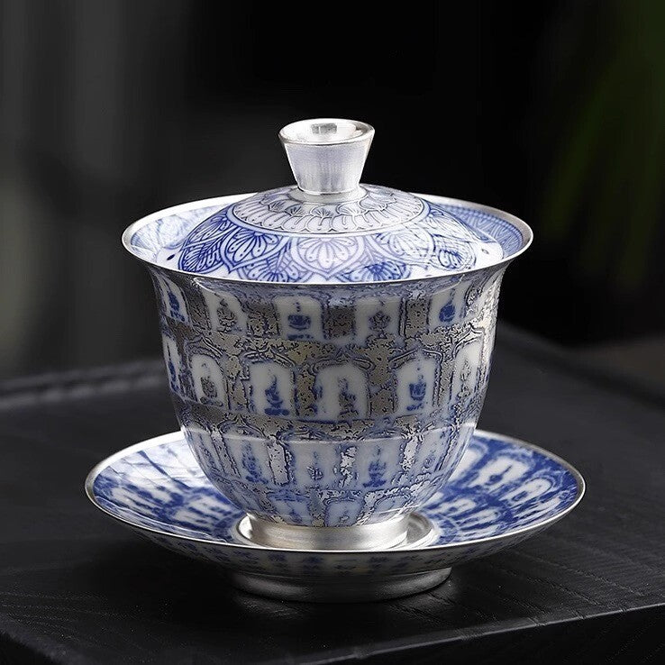 Ceramic + Pure Silver Tea Pot Gaiwan Master Cup Porcelain Buddha Tea Cup Tureen