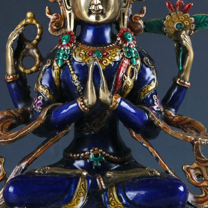 Cloisonne Four Arms Avalokitesvara Tibetan Buddhist Buddha Statue -