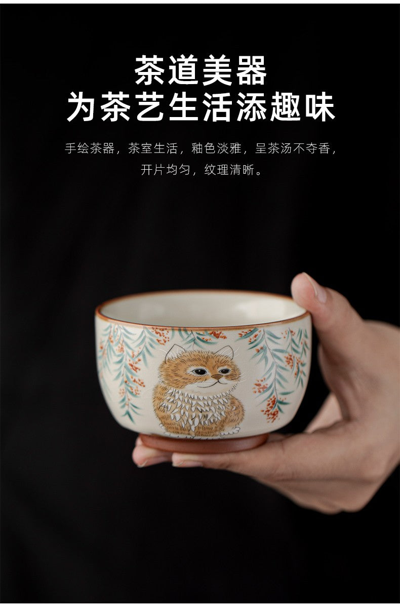 Ru Kiln Master Cup Cat Patterned Tea Cup Ceramic Tea Cup Tea Cup Tea Set