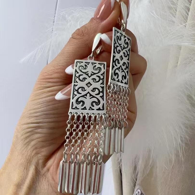 Ethnic Silver Long Tassel Earrings Mongolian Kazakh Tibetan Style For Women