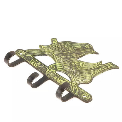 Antique Patina Look Brass Perching Birds Three Wall Hooks Clothes Hat Hanger