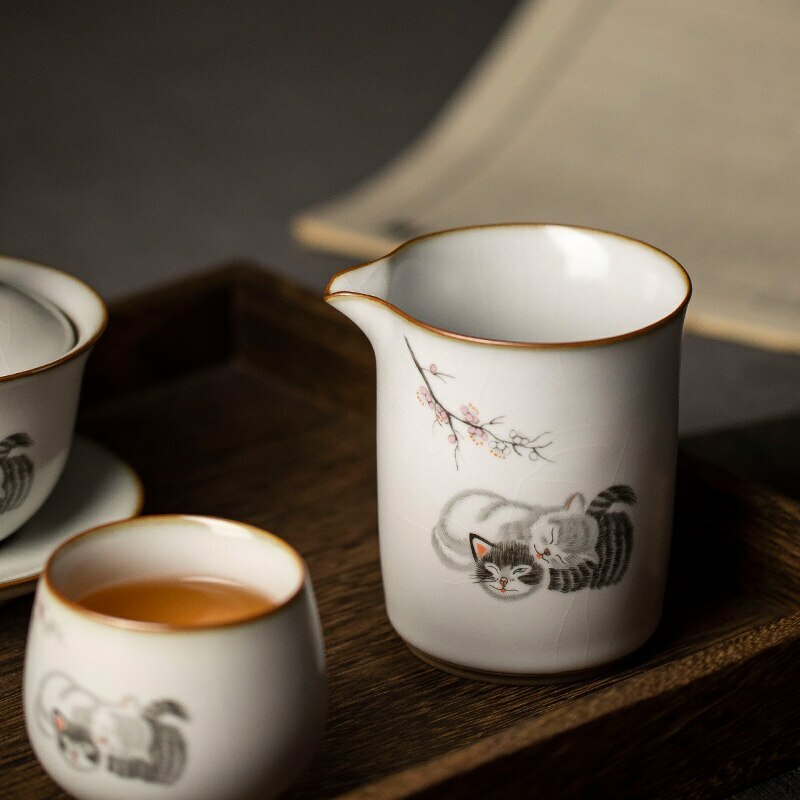 300Ml Chinese Ceramic Fair Cup Chahai Cat Pattern Kung Fu Tea Set Accessories