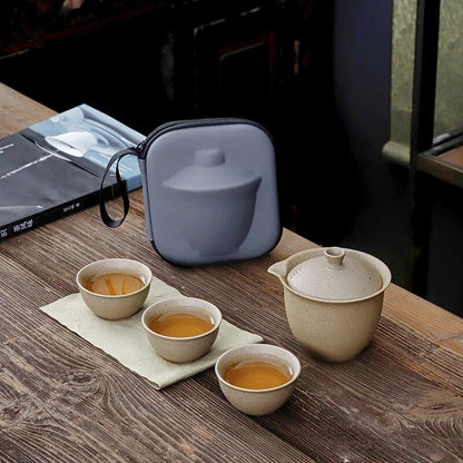 Travelling Tea Set One Pot 3 Matching Cup Portable Bag Crude Pottery Tea Set New