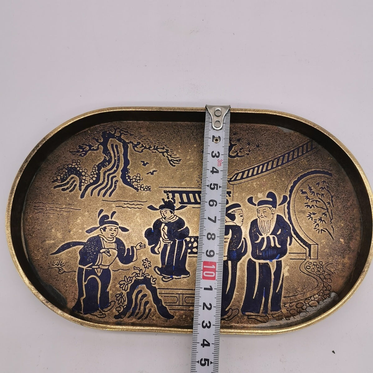 22cm China Ancient Brass Painting People Gathering Pattern Tea Board Tea Tray