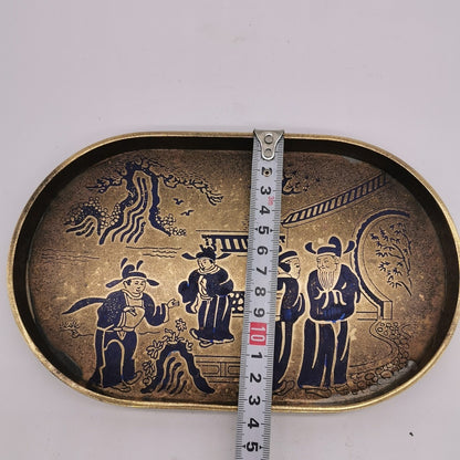 22cm China Ancient Brass Painting People Gathering Pattern Tea Board Tea Tray