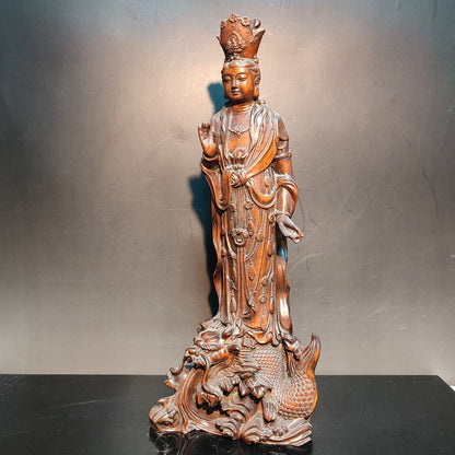 Buddhism Carved Sharks kwan yin Guan Statue Wooden Quan Bodhisattva Praying Rare