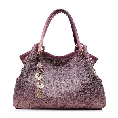 Hollow Out Ombre Handbags Floral Print Shoulder Bag Tassel Purse 35*10*29 CM 1PC