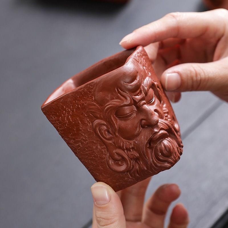 Master Grade Yixing Purple Clay Dharma Cup Hand Carved Square Tea Cup