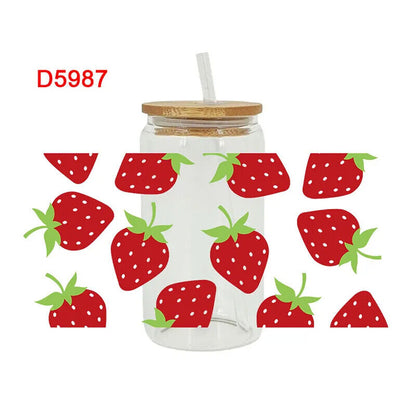 Transfers Stickers 16oz Cup Wraps 3D UV DTF Strawberry Printed DIY Decal 23x11cm