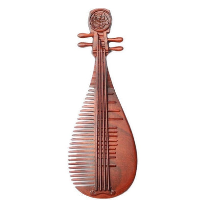 Red Sandalwood Lute Comb Carved Vintage Wooden Comb Ornament