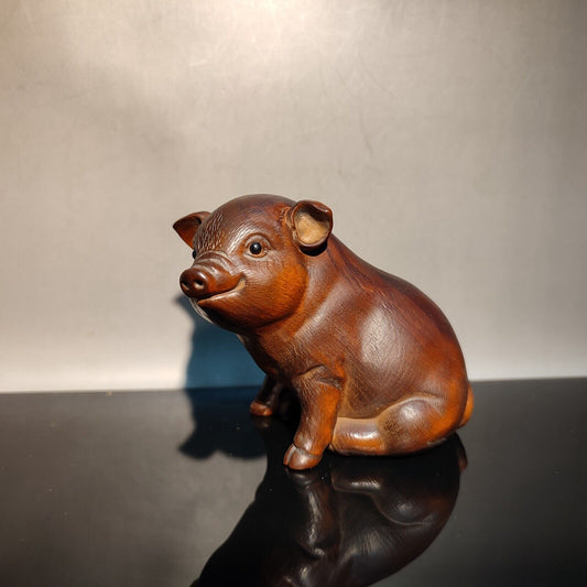 Carved Wood Wooden Lovely Pig Statue Pet Mini Gift Boxwood Room Home Decor Cute