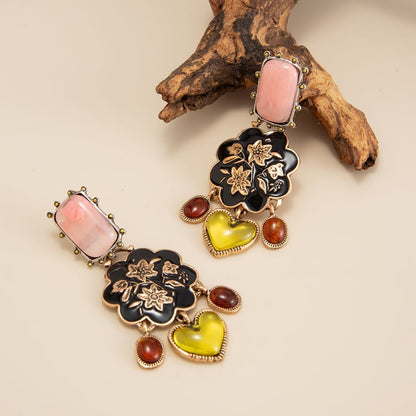 Spanish Vintage Court Gemstone Floral Heart Drop Earrings