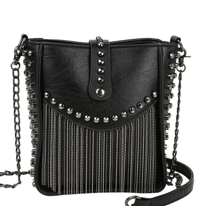 Women Shoulder Bag PU Leather Handbag Black Crossbody Tassel