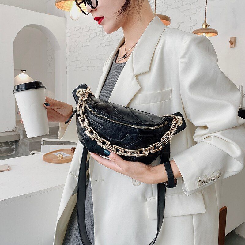Thick Chain Fanny Pack Plaid Leather Waist Bag Shoulder Crossbody Handbags Belt