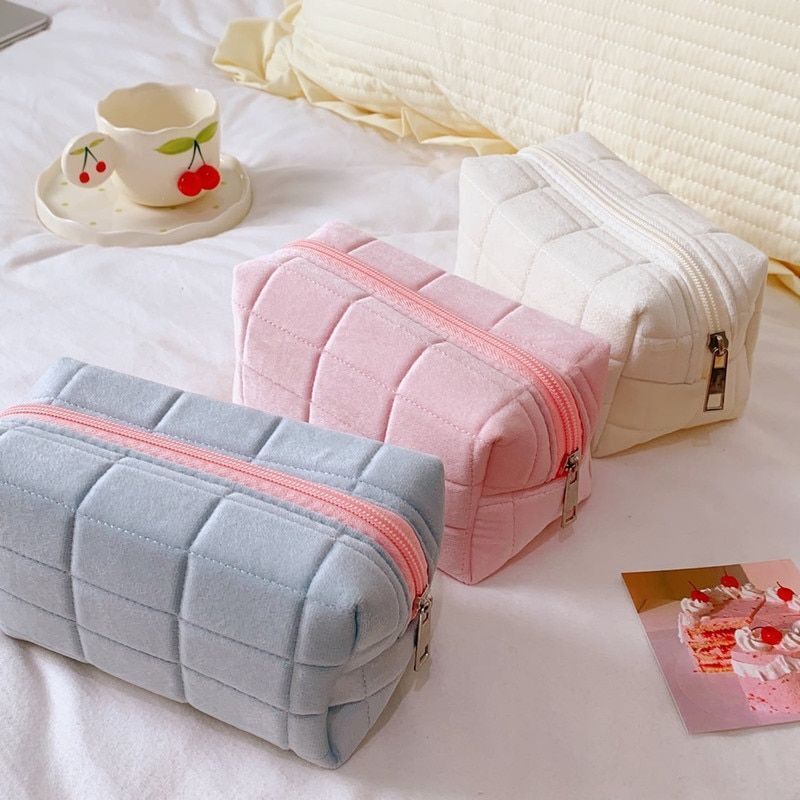 Large Pink White Blue Plush Makeup Purse Pencil Case Storage Soft Bags Organizer