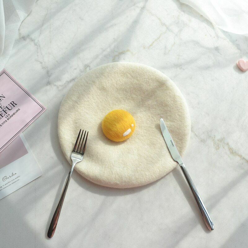 Poached Egg Beret Soft Wool Handmade Creative Hat Cap Women One size 52-58CM 1PC