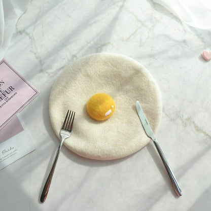Poached Egg Beret Soft Wool Handmade Creative Hat Cap Women One size 52-58CM 1PC