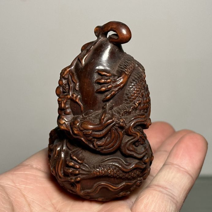 Chinese Boxwood Carved Dragon Gourd Statue Wooden Figurines Art Gift Collection
