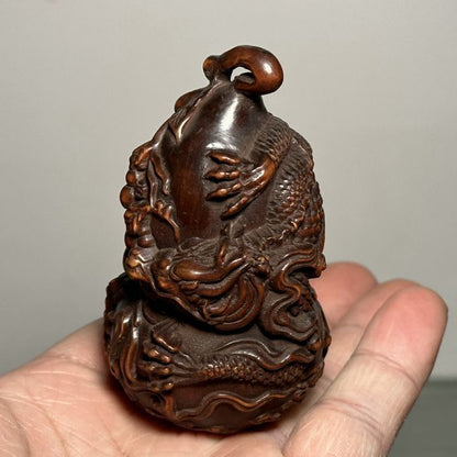 Chinese Boxwood Carved Dragon Gourd Statue Wooden Figurines Art Gift Collection