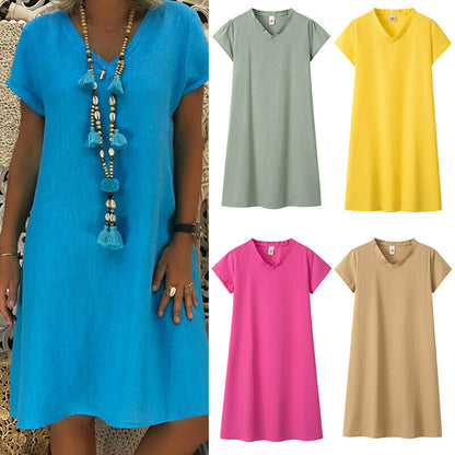 Womens T-Shirt Baggy Plus Size V-neck Ladies Short Sleeve Tops Dress Summer New