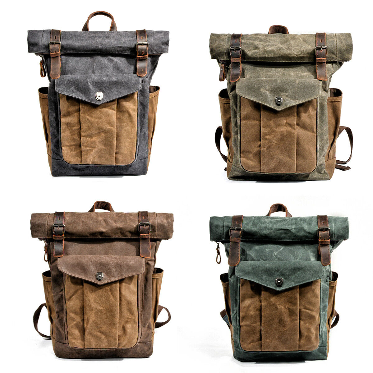 Water Resisant Vintage Waxed Canvas Backpack Fold-Over Satchel Laptop Bag Travel