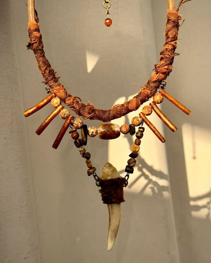 Wasteland Tribal Style Fang & Crystal Pendant Boho Necklace