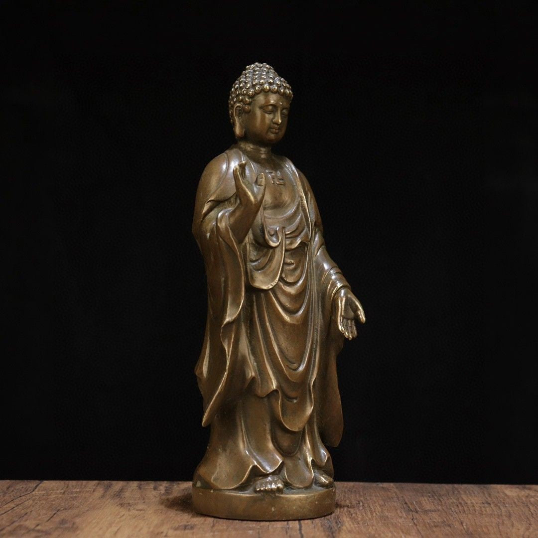 22cm Pure Copper Amitabha Buddha Statue Standing Brass Buddhist Figurine
