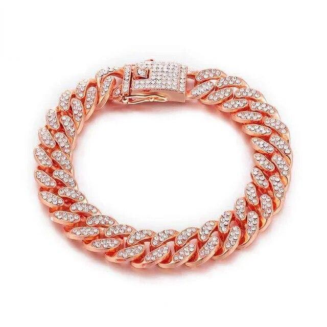Luxury Dog Collar Diamond Chain Cuban Gold Rhinestones Pitbull Cat Necklace Gold