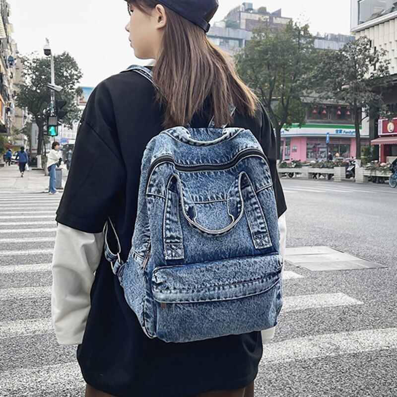 Women Backpack Large Capacity Daypack Denim Rucksack School Bag Retro 33*13*37CM