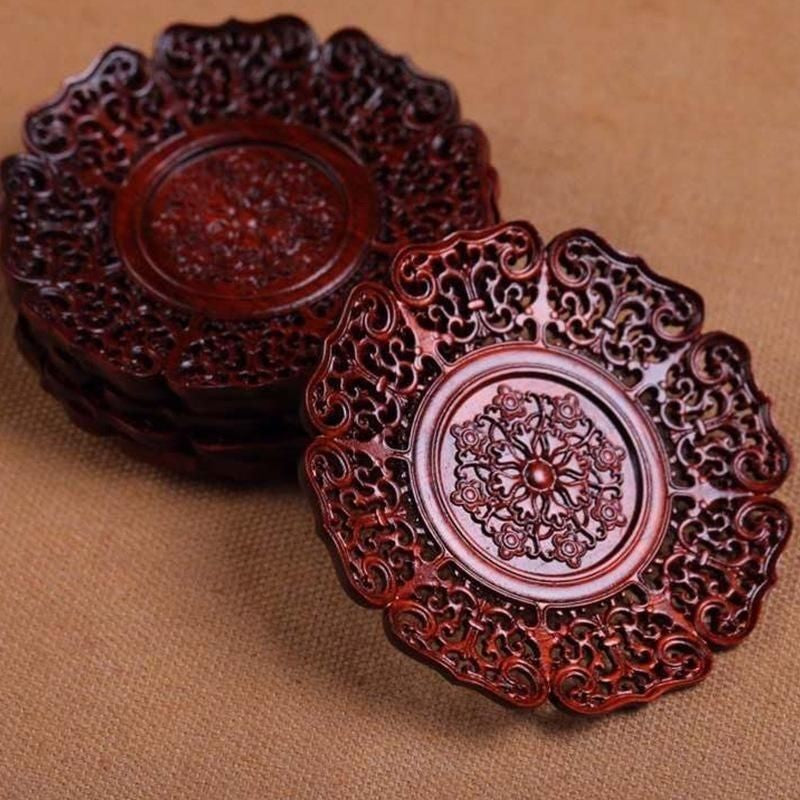 Vintage Small Leaf Rosewood Carved Tea Cup Coaster Heat Resistant Tea Tray 6cm
