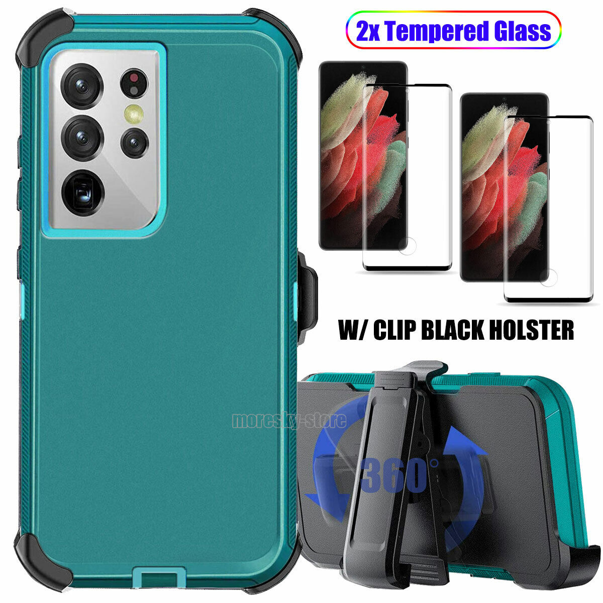 For Samsung Galaxy S21 Plus/Ultra 5G Hard Belt Clip Case Cover Tempered Glass