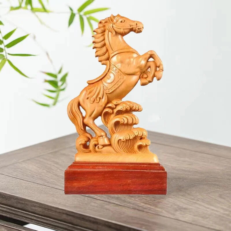 Natural Cypress Animal Horse Statue Traditional Hand Carving Solid Wood Statue