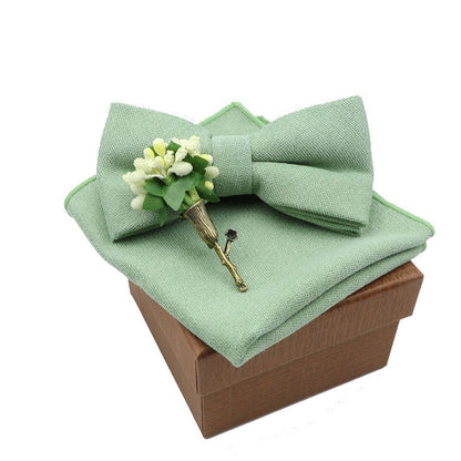 Men Bow Ties 3Pcs Cotton Handkerchief Flower Brooch Women Party Wedding Necktie