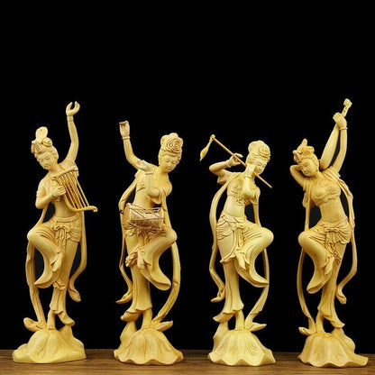 1set 4pcs Chinese Boxwood Huang-yang wood carving Flying Beauty girl Statue #66