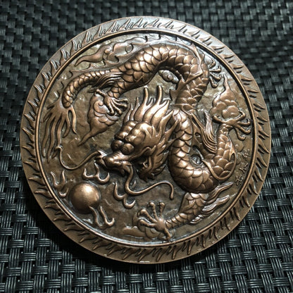 3.0" Exquisite Bronze Double Dragon Play Pearl Collection Commemorative Copper