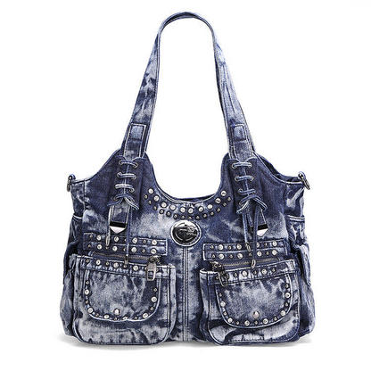 Ladies Punk Rock Travel Denim Rivet Shoulder Handbag Messenger Denim Bag Fashion