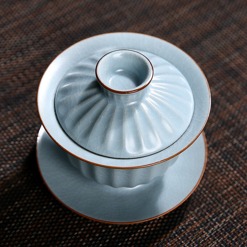 Chinese Porcelain Gaiwan Cup Bowl With Saucer Crackle Glaze Ruyao Craft Tureen