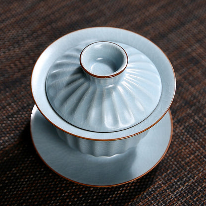 Chinese Porcelain Gaiwan Cup Bowl With Saucer Crackle Glaze Ruyao Craft Tureen
