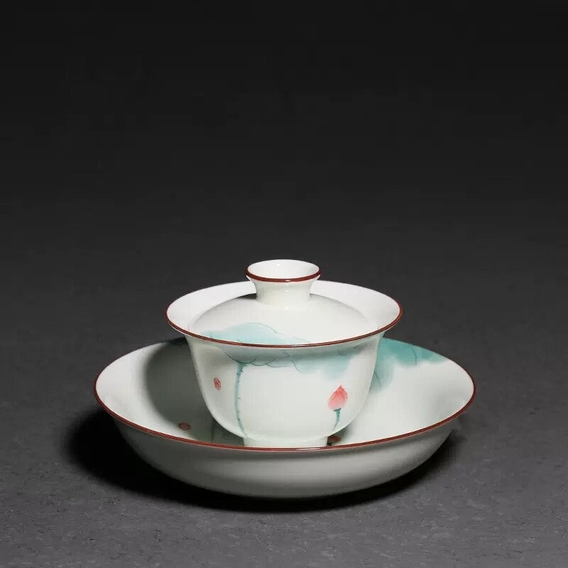 porcelain tea brewer gaiwan handpainted San Cai bowl with saucer 150cc tureen