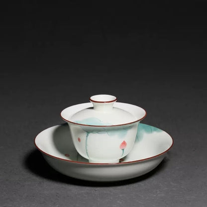porcelain tea brewer gaiwan handpainted San Cai bowl with saucer 150cc tureen